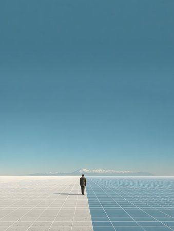A solitary man walks on a geometric grid in a surreal landscape under a clear blue sky, evoking feelings of peace, freedom, and contemplation.の素材