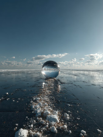 A stunning reflective sphere rests on a tranquil shoreline, creating captivating reflections under a bright blue sky, evoking serene beauty and artistic elegance.の素材