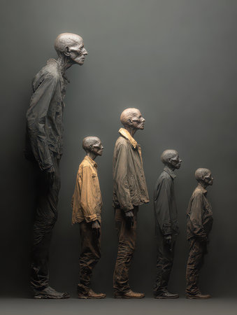 Unique artwork showcasing diverse human figures in varying heights. This piece explores themes of growth, form, and artistry against a sleek backdrop.の素材