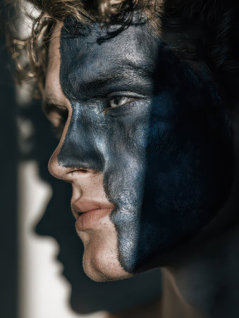 A striking portrait showcasing a young man with half of his face painted in dark color. The interplay of light and shadow adds depth and artistic flair to the image.の素材