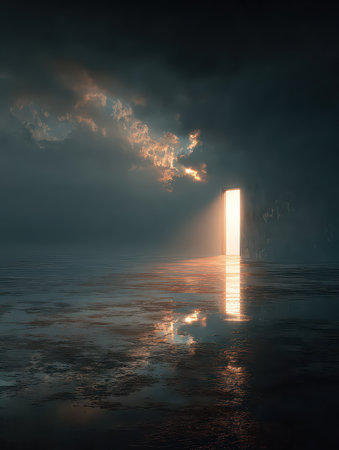 A captivating image of a mysterious open door in a dark room, revealing ethereal light and intriguing reflections, evoking feelings of hope and tranquility.の素材