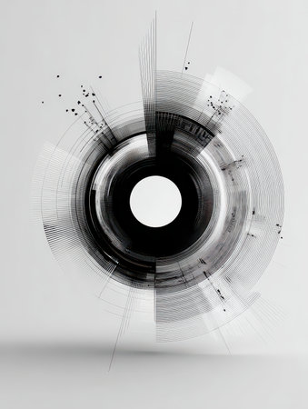This abstract design features a circular shape with linear elements in monochrome tones. It creates a modern, dynamic composition suitable for various creative projects.の素材