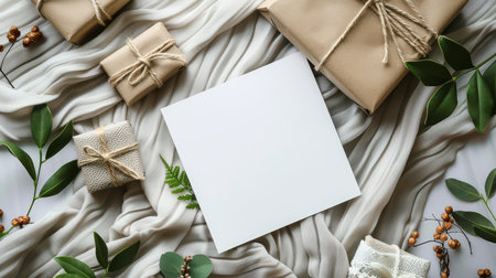 A stylish flat lay featuring beautiful wrapped gifts and greenery. The blank space in the center allows for personal messages or branding opportunities. Perfect for celebrations.の素材
