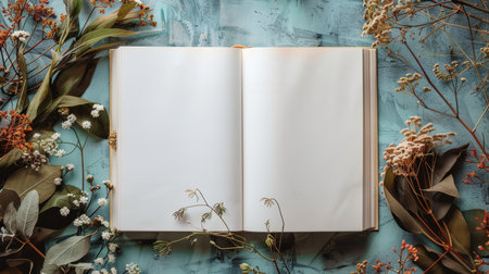 An inviting scene of an open book surrounded by dried flowers and greenery, set against a textured blue background. Perfect for concepts of creativity and tranquility.の素材