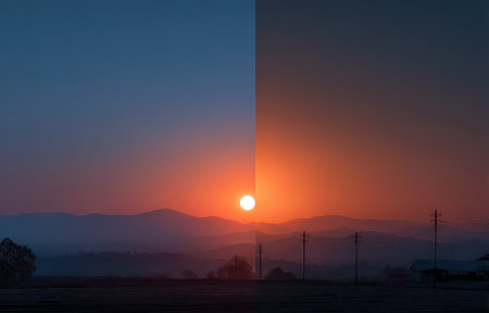 Stunning sunrise over mountain peaks creates a captivating contrast with a twilight sky. This serene landscape captures warmth and tranquility in natureの素材