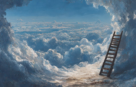 This captivating artwork depicts a serene dreamlike landscape with a wooden ladder leading into fluffy clouds, symbolizing hope and adventure in a surreal sky.の素材