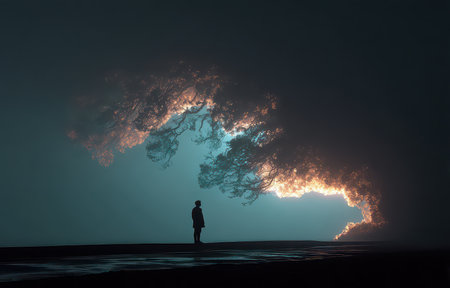 A solitary figure stands in a fog-filled landscape, mesmerized by a glowing tree. This surreal scene captures the beauty of nature and evokes a sense of mystery and tranquility.の素材
