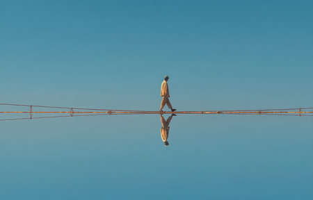 A solitary figure walks confidently on a tightrope, surrounded by a vast and calm blue sky reflecting on a serene surface. This image conveys themes of balance, adventure, and tranquility.の素材