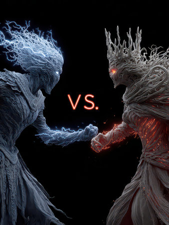 This stunning digital artwork depicts an intense showdown between elemental forces, encapsulating the battle between fire and ice in a breathtaking fantasy landscape.の素材