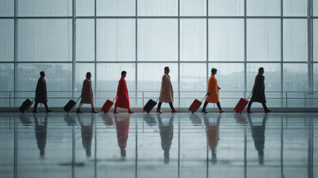 People walk through an airport terminal with luggage, dressed in distinct coats. The scene captures a modern and stylish atmosphere, showcasing reflections and silhouettes.の素材
