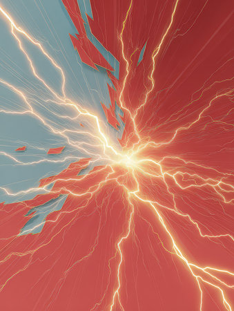 A stunning illustration of dynamic electric bolts radiating vibrant energy, set against a dramatic red and blue backdrop, capturing the essence of movement and power.の素材