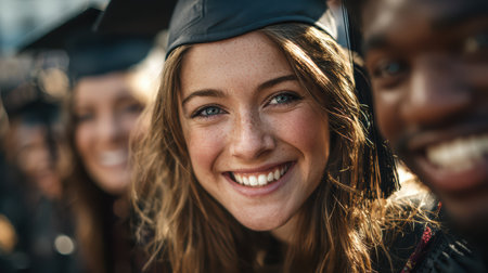 A joyful young graduate smiles brightly surrounded by friends during a graduation ceremony. The moment captures celebration and accomplishment in a vibrant outdoor setting.の素材