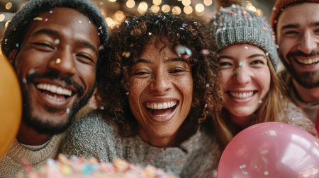 A vibrant gathering of friends immersed in laughter and joy, celebrating with colorful confetti and balloons. The photo captures the warmth of togetherness and festive spirit.の素材