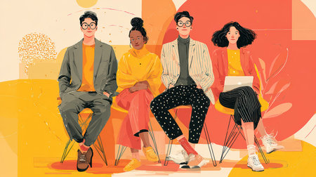 Vector illustration of a group of young people sitting on chairs and talking.の素材