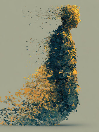 This abstract artwork showcases a human figure emerging from geometric fragments, symbolizing transformation and identity through an artistic lens.の素材