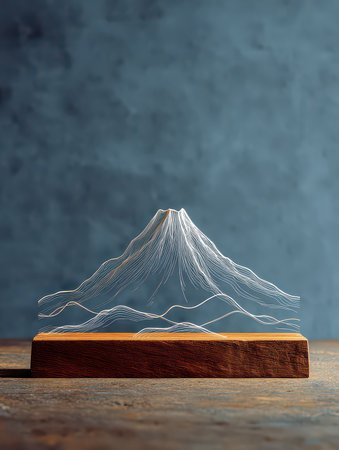 A mesmerizing wire sculpture of a mountain landscape sits elegantly on a wooden base, showcasing intricate lines and delicate forms, perfect for modern decor.の素材