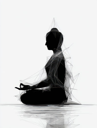 A striking abstract depiction of a meditating figure, formed by delicate geometric lines. This art piece embodies tranquility and mindfulness, perfect for relaxation themes.の素材