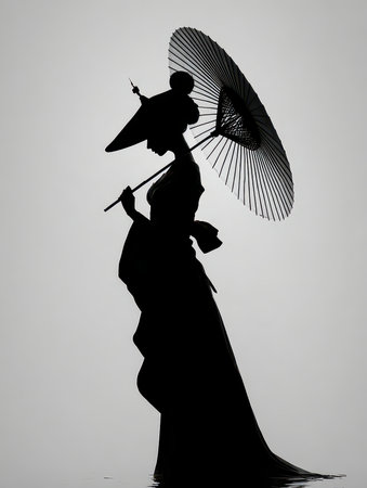 This artistic silhouette features an Asian woman gracefully holding a parasol, set against a minimalist background. The image captures elegance and cultural beauty.の素材