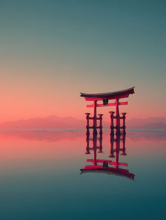 A stunning torii gate stands majestically in serene waters during sunrise, reflecting a calm atmosphere, surrounded by mountains and a vibrant sky.の素材