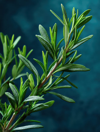 A close-up view of a fresh rosemary herb branch showcasing vibrant green leaves. Ideal for culinary, botanical, or wellness themes. Perfect for creative projects.の素材