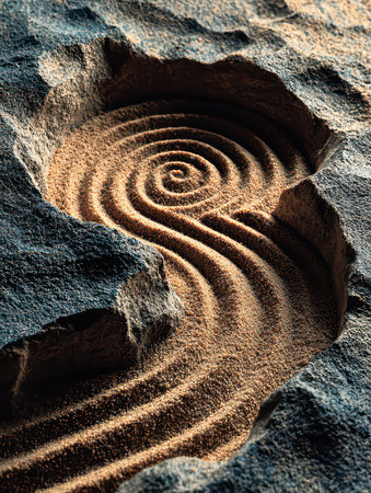 Close-up view of a unique sand spiral pattern formed in rocky terrain, showcasing natural texture and lines that evoke tranquility and artistic beauty.の素材