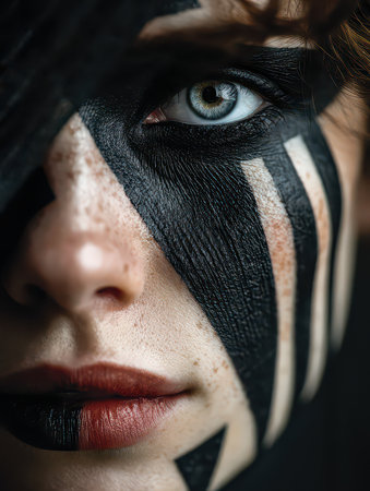 This close-up portrait showcases stunning face paint artistry, highlighting the intensity and beauty of human expression through contrasting colors and detailed design.の素材