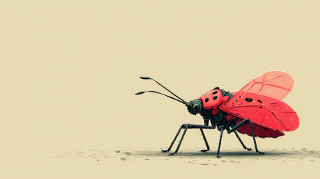Unique illustration of a vibrant red insect with wings, set against a soft beige background. The design combines creativity and detail, perfect for various themes.の素材