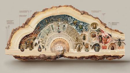 This intricate illustration showcases various beetle species and their life cycles. The detailed diagram highlights anatomical features, ecological importance, and biological diversity. Perfect for educational use.の素材