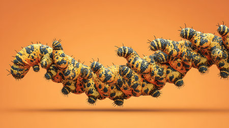 A stunning close-up image of colorful caterpillars against a bright orange background. The intricate details showcase their unique features and textures.の素材