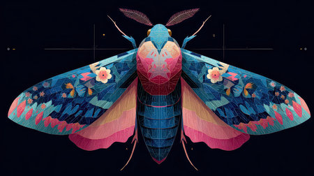 This stunning geometric illustration of a moth showcases vibrant colors and intricate floral patterns, ideal for nature-themed projects or decorative art.の素材