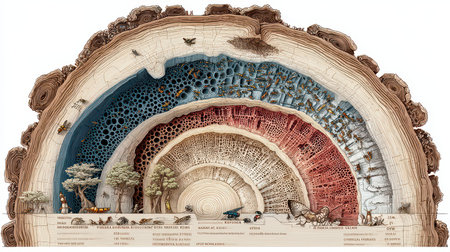 Detailed cross-section illustration showing Earth's layers, featuring various ecosystems and wildlife. Ideal for educational or scientific use, showcasing natural beauty.の素材