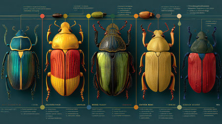 This artistic illustration presents vivid beetle specimens, showcasing intricate details, colors, and scientific labels, perfect for educational and design purposes.の素材