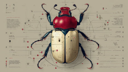 This detailed illustration features a beetle with various design elements and annotations, perfect for educational purposes and artistic inspiration in the field of entomology.の素材