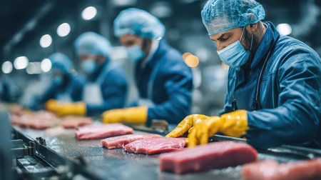Dedicated workers in protective gear skillfully prepare meat on a bustling production line, emphasizing safety and efficiency in the food industry.の素材
