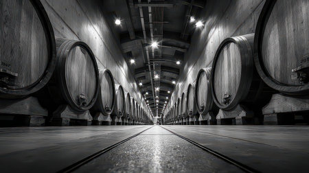 Discover a captivating wine cellar with wooden barrels creating a dramatic perspective. The interplay of light and shadows enhances the ambiance in this elegant space.の素材