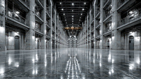 Expansive industrial hall showcasing high ceilings, polished floor, and reflective surfaces. A modern architectural marvel with striking symmetry and lighting.の素材
