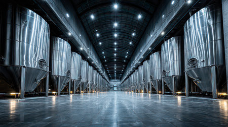 A stunning view of an industrial brewery interior featuring large metal tanks under ambient lighting, showcasing modern design and efficient production space.の素材