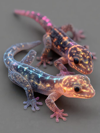 Two vibrant salamanders with glowing patterns showcase their intricate textures against a gray background, highlighting nature's unique beauty.の素材