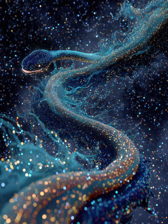 This ethereal serpent glides through a cosmic landscape filled with shimmering stardust. Capturing the essence of fantasy and magic, it creates a mesmerizing visual experience.の素材