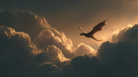 A captivating image of a dragon flying gracefully through soft clouds during a stunning sunset, evoking a sense of wonder and adventure in a whimsical fantasy world.の素材