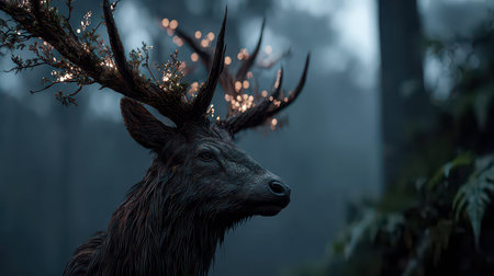 A majestic stag with illuminated antlers stands gracefully in a misty forest, creating a serene and magical atmosphere. Ideal for nature enthusiasts and wildlife lovers.の素材