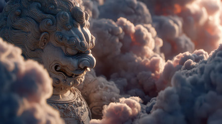 A striking guardian statue emerges through ethereal clouds, capturing a mystical atmosphere. The dramatic interplay of light and shadow enhances the serene beauty of the scene.の素材