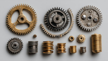 An artistic arrangement of vintage metal gears and springs displayed on a gray background, showcasing intricate designs and mechanical charm. Perfect for industrial themes.の素材