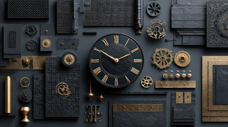 A captivating arrangement featuring a vintage clock surrounded by intricate black and gold decorative elements, perfect for artistic and minimalist designs.の素材