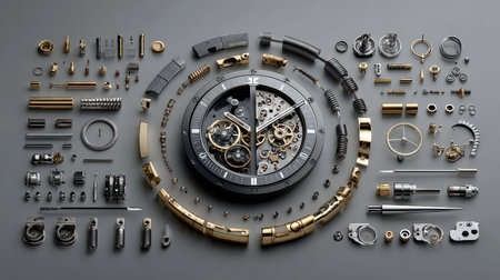 This image showcases a meticulous arrangement of watch mechanism components on a gray background, highlighting intricate gears and parts that illustrate precision engineering in timepieces.の素材