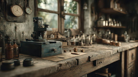 Explore a rustic workshop filled with vintage tools and unique objects. The warm ambiance invites creativity and craftsmanship in a charming, historical environment.の素材
