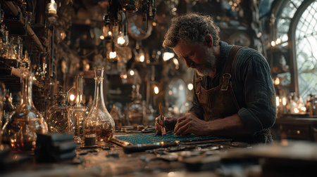 A dedicated artisan diligently crafts in a cozy workshop filled with vintage tools and warm lighting, showcasing the essence of creativity and craftsmanship.の素材