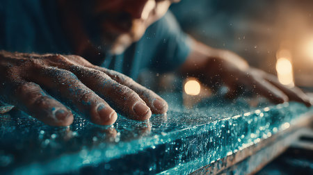 A skilled craftsman focuses intently on a sheet of glass in a dimly lit workshop. Dust particles shimmer in the air as hands glide over the smooth surface, showcasing artistry and craftsmanship.の素材