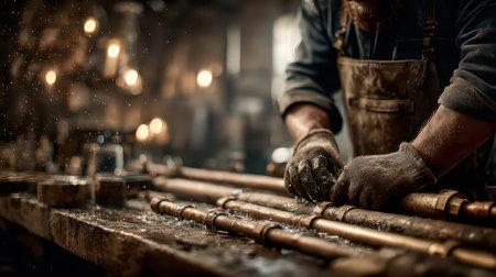 A skilled craftsman meticulously works with brass tubes in a warm artisan workshop. Soft lighting creates an atmospheric backdrop highlighting craftsmanship and detail.の素材