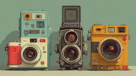 Explore a captivating display of vintage cameras showcasing unique designs and vibrant colors, perfect for photography enthusiasts and collectors alike.の素材